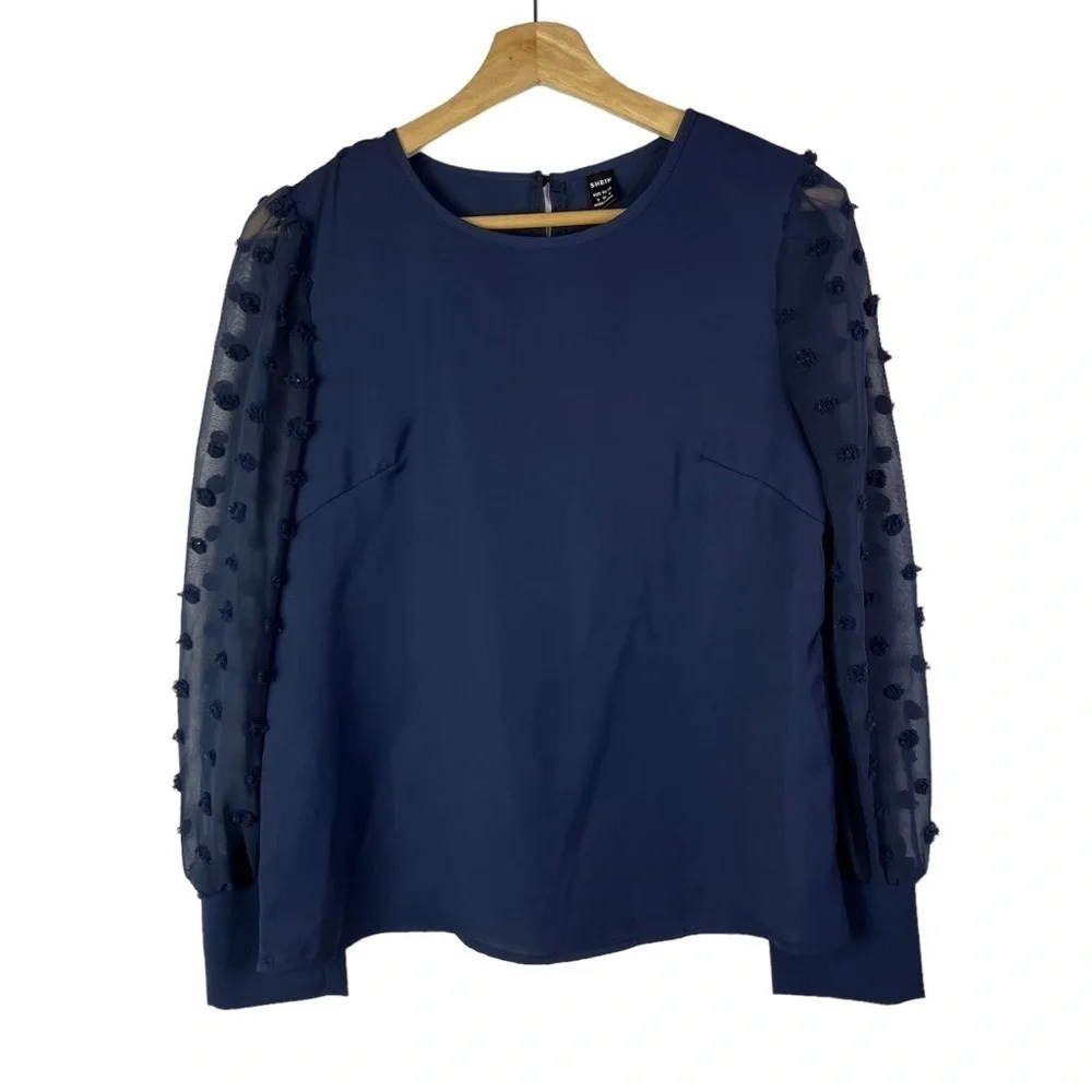Shein Navy Blue Sheer Polka Dot Sleeves Long Sleeve Blouse S